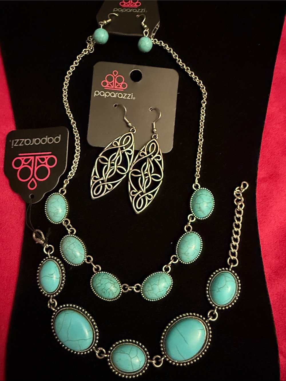 paparazzi Turquoise Stone Double Strand Silver Necklace with Filigree Earrings